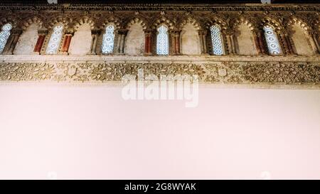 TOLEDO, SPAIN - Jul 03, 2021: The elaborate carvings on the wall of the Sephardic national museum in Toledo, Spain Stock Photo