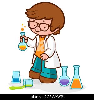 Boy using chemistry test tubes and doing science experiments. Stock Photo
