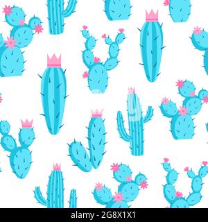 Pattern of azure cacti with flowers and crowns, vector illustration. Seamless background with prickly cactus on white. Desert plants, template for wal Stock Vector