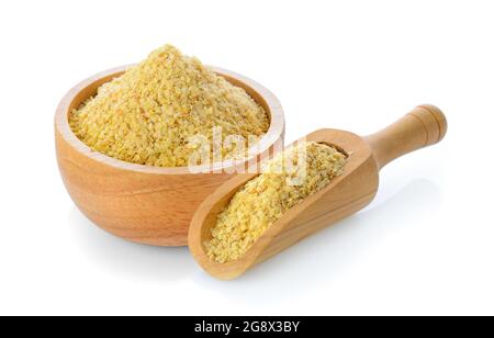 Wheat germ in wood bowl and scoop on white background Stock Photo