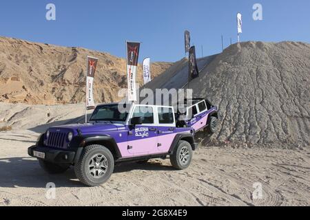 A Jeep 4x4 SUV at 'XQuarry' - the first Off-Road and Adventure Park in the Middle East - located in Mleiha desert, Sharjah, United Arab Emirates. Stock Photo