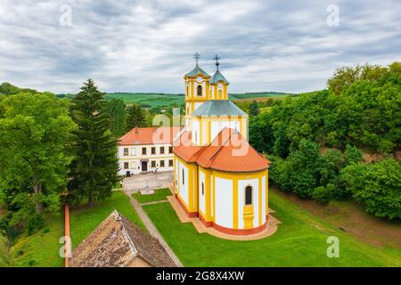 Aerial view of Church of St. Michael and Archangel Gabriel in Grábóc, Hungary. Stock Photo