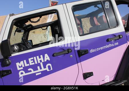 A Jeep 4x4 SUV at 'XQuarry' - the first Off-Road and Adventure Park in the Middle East - located in Mleiha desert, Sharjah, United Arab Emirates. Stock Photo