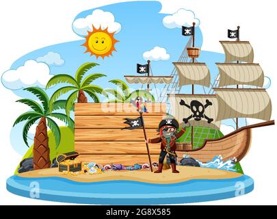 Pirate island with an empty banner isolated on white background illustration Stock Vector