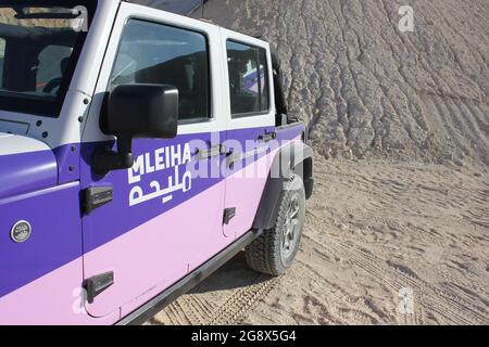 A Jeep 4x4 SUV at 'XQuarry' - the first Off-Road and Adventure Park in the Middle East - located in Mleiha desert, Sharjah, United Arab Emirates. Stock Photo