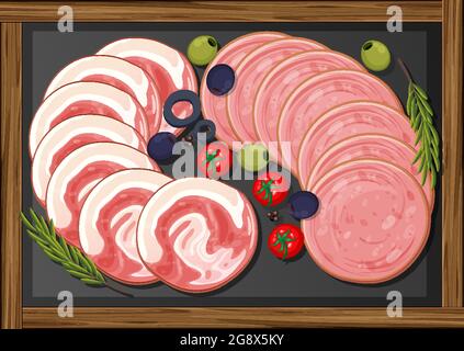 Lunch meats set with different cold meats on platter illustration Stock Vector