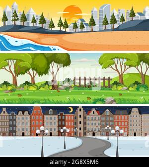 Set of three different nature horizontal scenes illustration Stock Vector