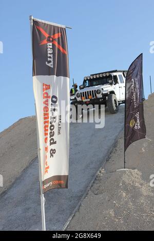 A Jeep 4x4 SUV at 'XQuarry' - the first Off-Road and Adventure Park in the Middle East - located in Mleiha desert, Sharjah, United Arab Emirates. Stock Photo