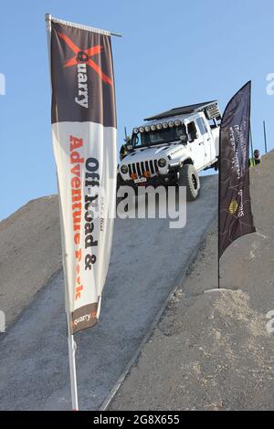 A Jeep 4x4 SUV at 'XQuarry' - the first Off-Road and Adventure Park in the Middle East - located in Mleiha desert, Sharjah, United Arab Emirates. Stock Photo