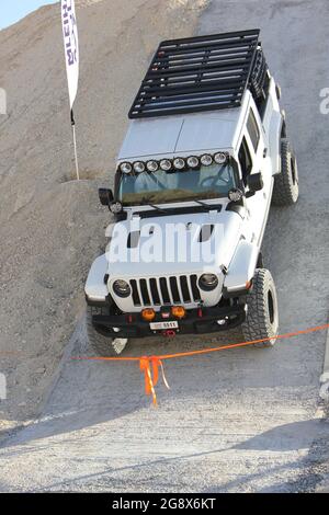 A Jeep 4x4 SUV at 'XQuarry' - the first Off-Road and Adventure Park in the Middle East - located in Mleiha desert, Sharjah, United Arab Emirates. Stock Photo