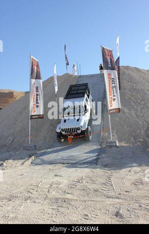 A Jeep 4x4 SUV at 'XQuarry' - the first Off-Road and Adventure Park in the Middle East - located in Mleiha desert, Sharjah, United Arab Emirates. Stock Photo