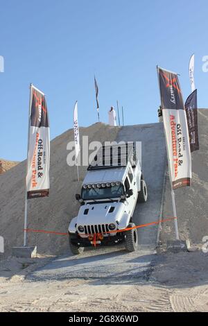 A Jeep 4x4 SUV at 'XQuarry' - the first Off-Road and Adventure Park in the Middle East - located in Mleiha desert, Sharjah, United Arab Emirates. Stock Photo