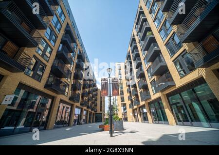 London- July 2021: The Ram Quarter, a new residential development in the centre of Wandsworth Town in south west London with a mix of new and heritage Stock Photo