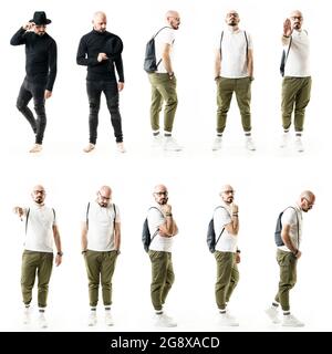 Collage of stylish nerdy males people with negative sad feeling and emotions and various gestures. Full body people isolated on white background Stock Photo