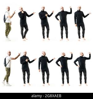 Collage of bald bearded edgy unconventional style people pointing and marketing gestures. Full body people isolated on white background Stock Photo