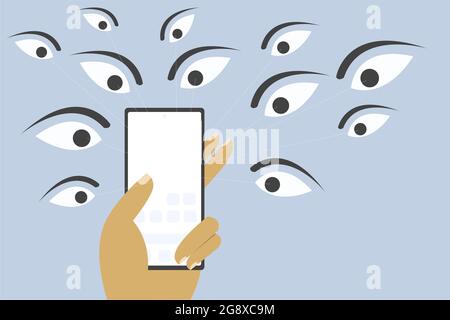 Mobile phone in a hand is spied by eyes surrounded by it Stock Vector