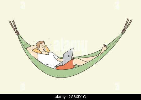 Distant work freelance and rest concept. Young smiling man cartoon character relaxing in hammock having rest watching movie or having freelance distant remote work vector illustration  Stock Vector