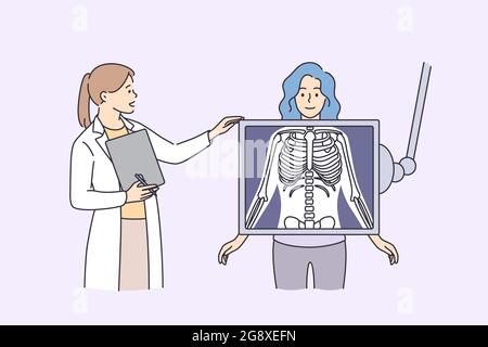 Radiology and body scan in medicine concept. Woman patient cartoon character standing behind x-ray and making examination of chest with doctor practitioner vector illustration Stock Vector