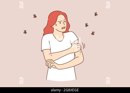 Allergic reaction of skin concept. Young irritated woman cartoon character standing with bee allergy having red and itchy skin vector illustration  Stock Vector