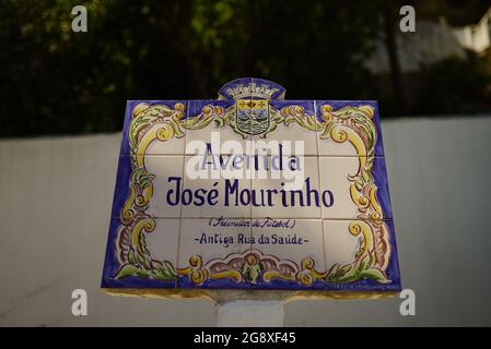 SETUBAL, PORTUGAL - Jul 04, 2021: A beautiful banner saying Jose Mourinho avenue at Setubal,  Portugal Stock Photo