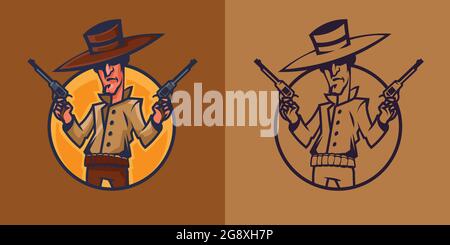 Cowboy holding revolvers in different styles. Wild West concept art. Stock Vector