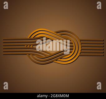 Flat knot. Square knot. Reef knot. Two golden ropes intertwined. Dark background Stock Vector