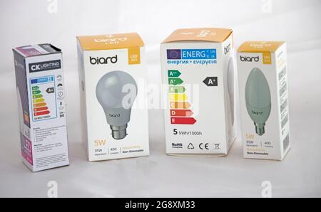 Highly energy efficient light buls in boxes with energy rating A+ UK Stock Photo