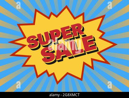 text SUPER SALE in comic splash bubble on blue and yellow sunburst background, vector illustration Stock Vector