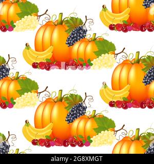 Harvest seamless pattern with fruits and vegetables. Modern seamless pattern with fruits, great design for any purposes. Kitchen textile, vector Stock Vector