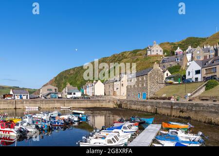 22 July 2021. Gardenstown, Aberdeenshire, Scotland, UK. This is the small fishing hamlet named Gardenstown or commonly Gamrie which is situated on the Stock Photo