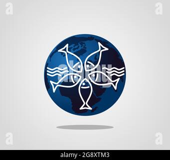 Logo composed of the globe and the figures of fish inscribed in it arranged in a circle Stock Vector