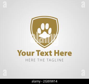 Imprint of a dog's paw on a gold shield. Ready logo. Wolf or cat paw Stock Vector