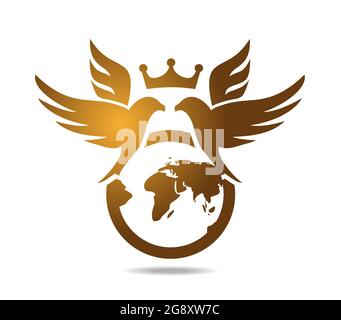 Hawks over the globe. Gold falcons with crone over the planet earth. Logo Stock Vector