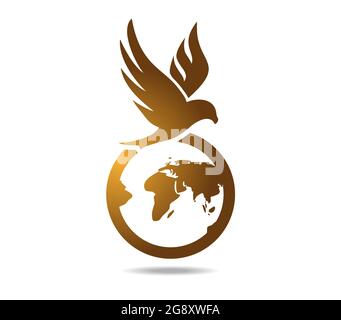 Hawk over the globe. Golden falcon over the planet earth. Logo Stock Vector