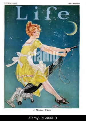 Life Magazine Cover artwork by Frank Xavier Leyendecker entitled A  Modern Witch - Woman rides a vacuum cleaner through the night sky. Stock Photo