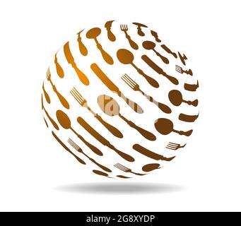 Golden cutlery logo. Spoon fork and knife Stock Vector