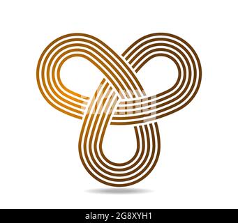 Mobius loop with three elements made of golden staff. Five golden lines Stock Vector