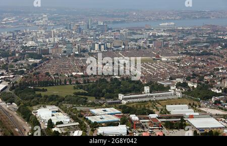 aerial view across Liverpool Innovation Park and the former Littlewoods building (long white building) towards the Liverpool city skyline Stock Photo