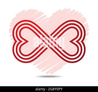 Mobius loop made of three red lines in shape of touching hearts. Pink heart as background. Infinity love symbol Stock Vector
