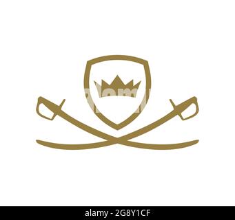 Two golden swords crossed under the shield with crone.  Ancient weapon. Stock Vector