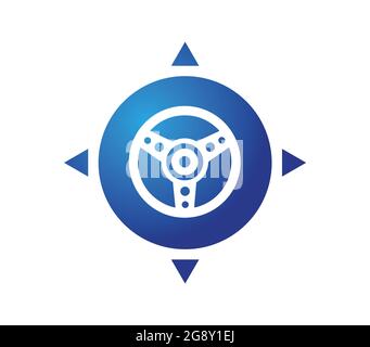 Steering wheel on the background of a blue circle with the directions of the world Stock Vector