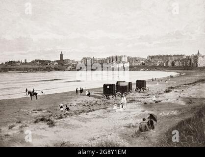 A late 19th century view of the beach at St Andrews, a town on the east coast of Fife in Scotland. Named after Saint Andrew the Apostle, the settlement grew to become the ecclesiastical capital of Scotland until the Scottish Reformation. Home to the University of St Andrews, the third oldest university in the English-speaking world and the oldest in Scotland and the Royal and Ancient Golf Club of St Andrews, founded in 1754, which until 2004 exercised legislative authority over the game worldwide (except in the United States and Mexico), hence the town being known as the 'home of golf'. Stock Photo