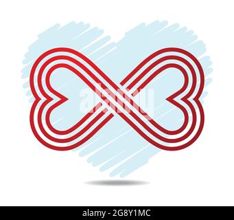 Mobius loop made of three red lines in shape of touching hearts. Blue heart as background. Infinity love symbol Stock Vector