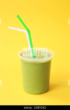 Healthy fresh green smoothie or fresh juice. Summer cold drink. Organic Protein cocktails with fruits and vegetables. Vegan drink, plant-based smoohty Stock Photo