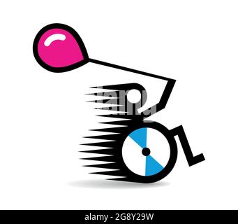 Disability sign. Disabled man with a balloon in a speedy wheelchair Stock Vector