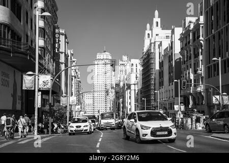Madrid, Spain - September 06, 2016: Traffic in Gran Via srteet in Madrid city Stock Photo