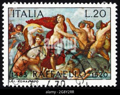 ITALY - CIRCA 1970: a stamp printed in the Italy shows The Triumph of Galatea, Fresco by the Italian Painter Raphael, Villa Farnesina in Rome, circa 1 Stock Photo