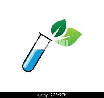 Laboratory test tube with blue liquid and leaves. Chemistry with ecology Stock Vector