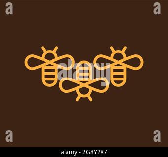 Bees linear drawing on brown background. Honey comb Stock Vector