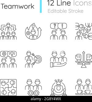 Teamwork related linear icons set Stock Vector